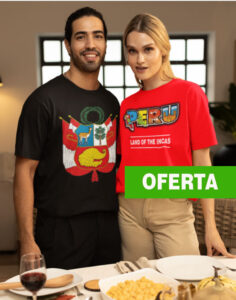 Pareja con camiseta con imagen de símbolos de Perú